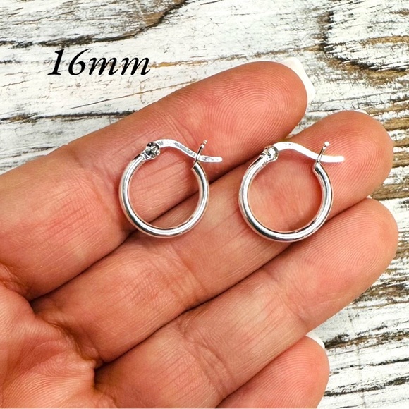 Sterling Silver 16mm Small Plain Hoop Earrings, Classic Silver Jewelry - Picture 4 of 14